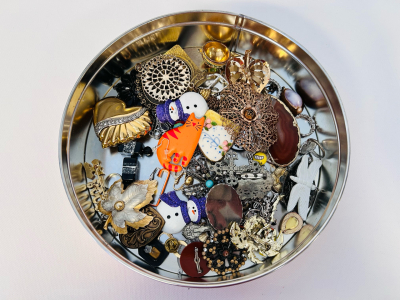 Tin Container With Costume Jewelry, Pins, Earrings, Rings and Pendants