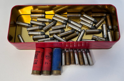 Small Tin Box With Mixed 38 Special ammo and (3) Rnds of 12 Ga. ShotShells