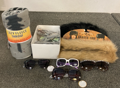 Various Sunglasses, (2) Dakota Dan Faux Fur Hats, & Blanket