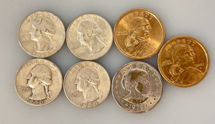(4) Silver Quarters (90%), (2) Sacajawea Coins and (1) Susan B. Anthony Coin