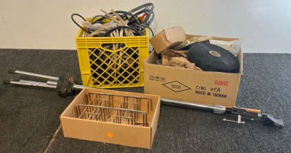 Bungee Cords, Teathers Etc., Box Of Various Tools & Parts, Tripod & Other
