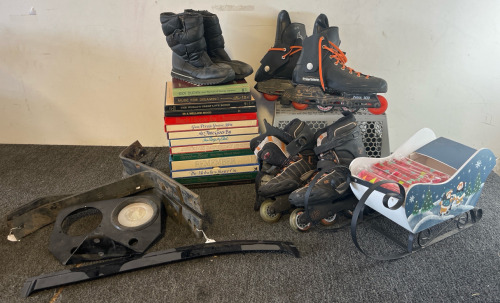 Records, Rollerblades, Car / Mower Parts & Christmas Sled