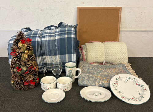 Various Blankets, Set of Christmas Dishes, & More