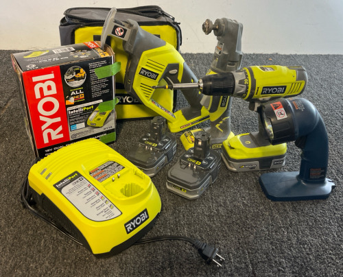 Ryobi Tool Lot — (2) Battery Chargers, (3) Batteries & (3) Power Tools Ryobi 18V Cordless Drill, Ryobi 18v one+ Oscillating Multi-tool P246