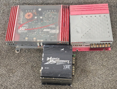 Rockford Fosgate 2.3 Car Amplifier, A VR3 (Virtual Reality Sound Labs) 200 Watts 2-Channel Car Audio Amplifier, And A Mobile Authority 2-Channel Car Amplifier.