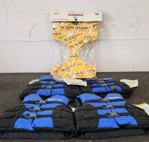 (4) Omega Youth Lifejackets, And A Body Glove Floatation Device
