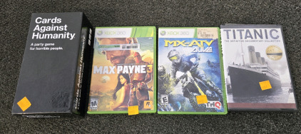 (2) Xbox Games, (1) Titanic Documentary, (1) Cards Against Humanity Card Game