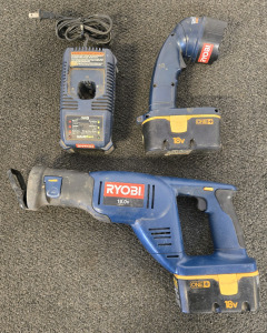 Ryobi Tools - (1) Reciprocating Saw, (1) Swivel Head Flashlight, (1) Battery Charger, (2) Batteries