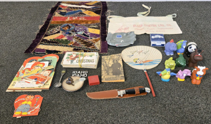 Antique Chinese Fan, Post Cards, Toys, 9" Knife w/Sheath & More