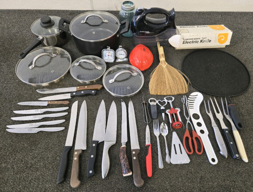 Knives, Hamilton Beach Electric Wisk, Pots w/Lids, Electric Knife & More