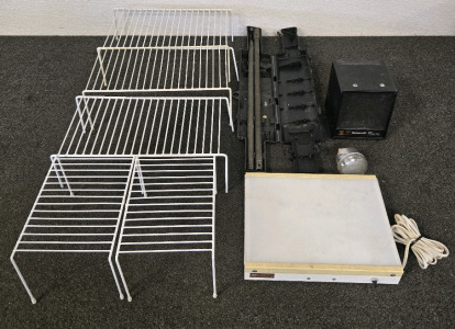 Vintage Logan Desk Top Light Box, Duracraft Space Heater, White Wire Cabinet Shelves & More
