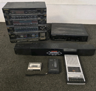 (1) Pioneer Multi-Play Compact Disc Player, (1) Soundesign AM-FM Stereo Receiver / Hi-Speed Dubbing Twin Cassette Player, (1) Sound Bar, (2) Portable Cassette Players/Recorder w/Dyna Tone Cassette Tape