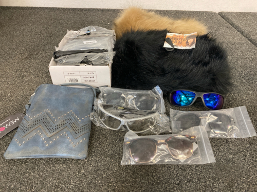 (2) Dakota Dan Faux Fur Hats, Various Glasses, & Purse