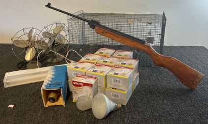 BB Gun Rifle, Trapping Cage, Metal Fans & Light Bulbs