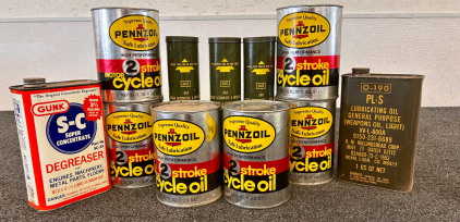 Box Of Vintage Oils: 2-Stroke Motorcycle Oil, General Purpose Lubricating Oil, Degreaser and More