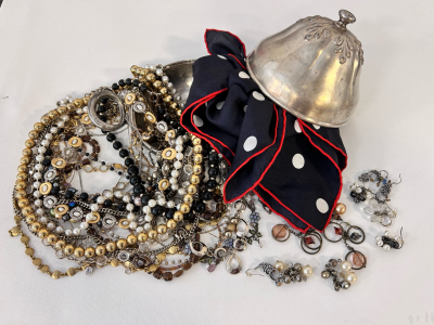 Silver Toned Dish with Lid, Polka Dotted Hankerchief, and Costume Necklaces