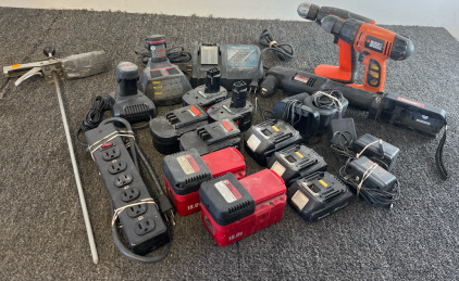 (2) Black & Decker Cordless Drills, Drill Master Right Angle Drill, (3) Makita Batteries, (4) Black & Decker Batteries, (2) Drill Master Batteries, (9) Battery Chargers