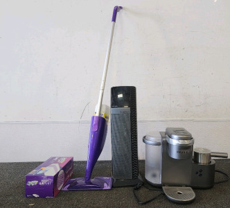 Swiffer Mop With Box Of WetJet Pads, Lasko Auto Echo Fan, And A Keurig K-Caf&eacute; Single-Serve Coffee, Latte, And Cappuccino Maker.
