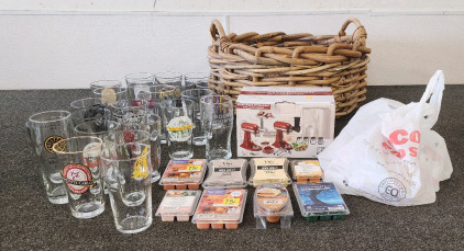 Stand Mixer Food Grinder Attachment,Collection Of Beer Glasses, A Bag of Scented Waxes, And Wicker Basket.