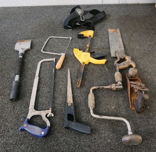 Box Of Hand Saws, Grips, Heavy Duty Scraper, And More.