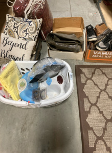 Assorted Shoes, Waders, Pillows Suitcase, Foot Spa, & Assorted Decor