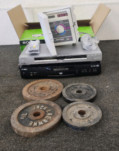 Rain Bird ESP-6 Irrigation Controller, Classic DVD Video Player, Sony CD/DVD Player, And Various Weights.