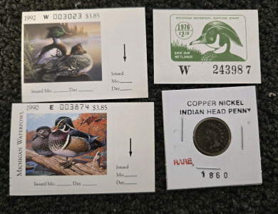 (3) State Duck Hunting Stamps 1972, 1990, 1992, (1) 1860 Indian Head Penny