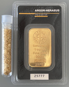 (1) Tube Of Gold Flake/ Leaf Gold and Argor-Heraeus 1 Oz. Fine Gold Bar