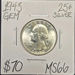 1943 MS66 GEM SILVER WASHINGTON QUARTER