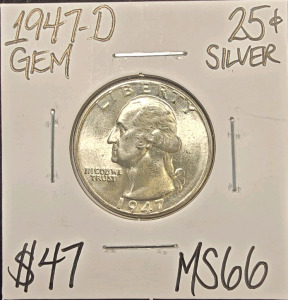 1947-D MS66 GEM SILVER WASHINGTON QUARTER