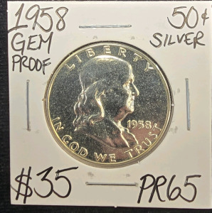 1958 PR65 GEM PROOF SILVER FRANKLIN HALF DOLLAR