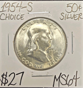 1954-S MS64 SILVER CHOICE FRANKLIN HALF DOLLAR