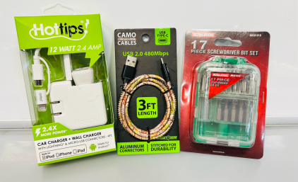 Hot Tips Car + Wall Charger, Camo 3' USB Type-C Cable, and Ultra Steel 17 Piece Screwdriver Bit Set
