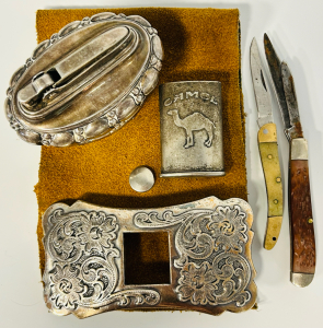 Vintage Mini Pocket Knives, Leather Pouch, Silver Toned Belt Bucklec Camel Cigarette Case and Ronson Crown Table Lighter (1940s Silver Plated)
