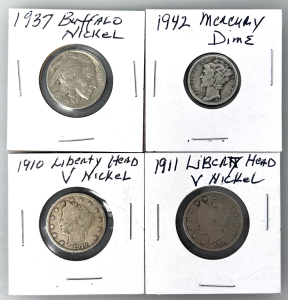 (4) Vintage Coins: 1937 Buffalo Nickel, 1942 Mercury Dime, 1910/1911 Liberty Head V-Nickels