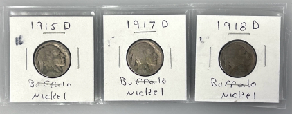 (3) Buffalo Nickels (1915, 1917, 1918) all D Mark
