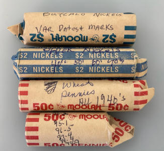 (4) Rolls of Vintage Coins: Nickels Dated '40s-'70s, Buffalo Nickels, 1940s Wheat Pennies and Partial Roll of Indian Head Pennies Dated 1889-1899