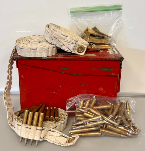 Red Metal Ammo Box, (70 Rounds) Of 7.9/FS/ 1941 Ammo, Stripper Clips and Ammo Belts