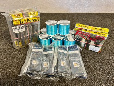 (8) Rolls Of Daniels Blue Premium Fishing Line, Baitholder Hooks, and Strike King Lures