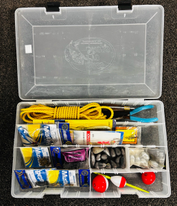 Clear Organizer with Fishing Accessories Including Bait Hooks, Lead Weights, Rope, Knife and More