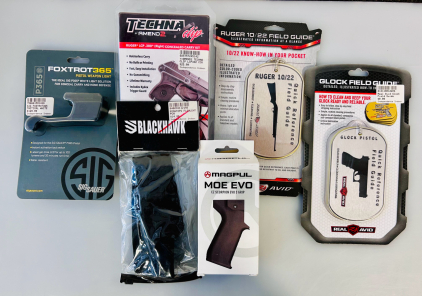 Firearm Accessories: Foxtrot 365 Pistol Weapon Light, Blackhawk Flashlight Pouch, Gun Field Guides, MOE EVO Grip and Concealed Carry Kit