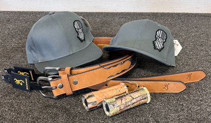(2) New Browning Belts Size 34, (2) Diesel Power Gear Caps, and (2) Camo Pull-Lanterns