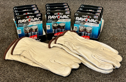 (12) Packs Of Rayovac C2 Hugh Energy Batteries and (2) Pairs of Leather Gloves Size Large