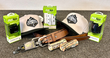 (2) Browning Belts Suze 36, (2) Diesel Power Gear Caps, (2) Camo Pull-Up Lanterns, and (3) Hot Tips Wall Charger, Power Station and Wireless Speaker