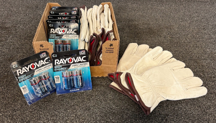 (7) Packs of Rayovac C2 High Energy Batteries and (6) Pairs Of Size Large Leather Gloves