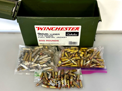 Metal Ammo Box With Mixed Ammo: 38 Special, 357, and 9mm