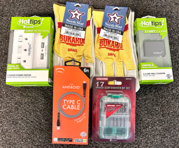 Pair of Size Small North Star Work Gloves, 6 ft. Type C Cable, Hot Tips Wall Charger and Outlet Power Station and a 17 Piece Screwdriver Bit Set