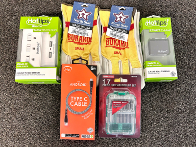 Pair of Size Small North Star Work Gloves, 6 ft. Type C Cable, Hot Tips Wall Charger and Outlet Power Station and a 17 Piece Screwdriver Bit Set