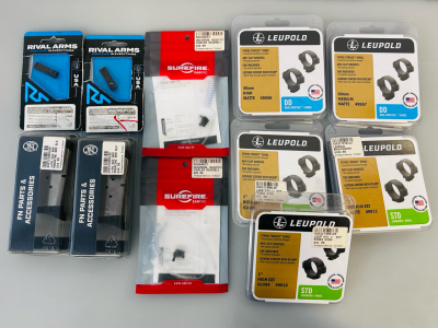Firearm Accessories: Leupold Rings, Surefire Ear Pros, (2) 9mm Magazines, and Rival Arms Extended Mag Releases