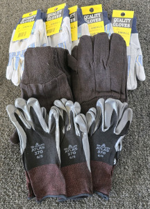 (12) Black Cotten Work Gloves (Size Small), (3) Showa Atlas 370 Rubber Grip Gloves (Size Small), (5) Quality Gloves Leather Work Gloves (Size X-Small)
